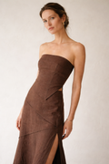 Chocolate Brown Linen Strapless Midi Dress