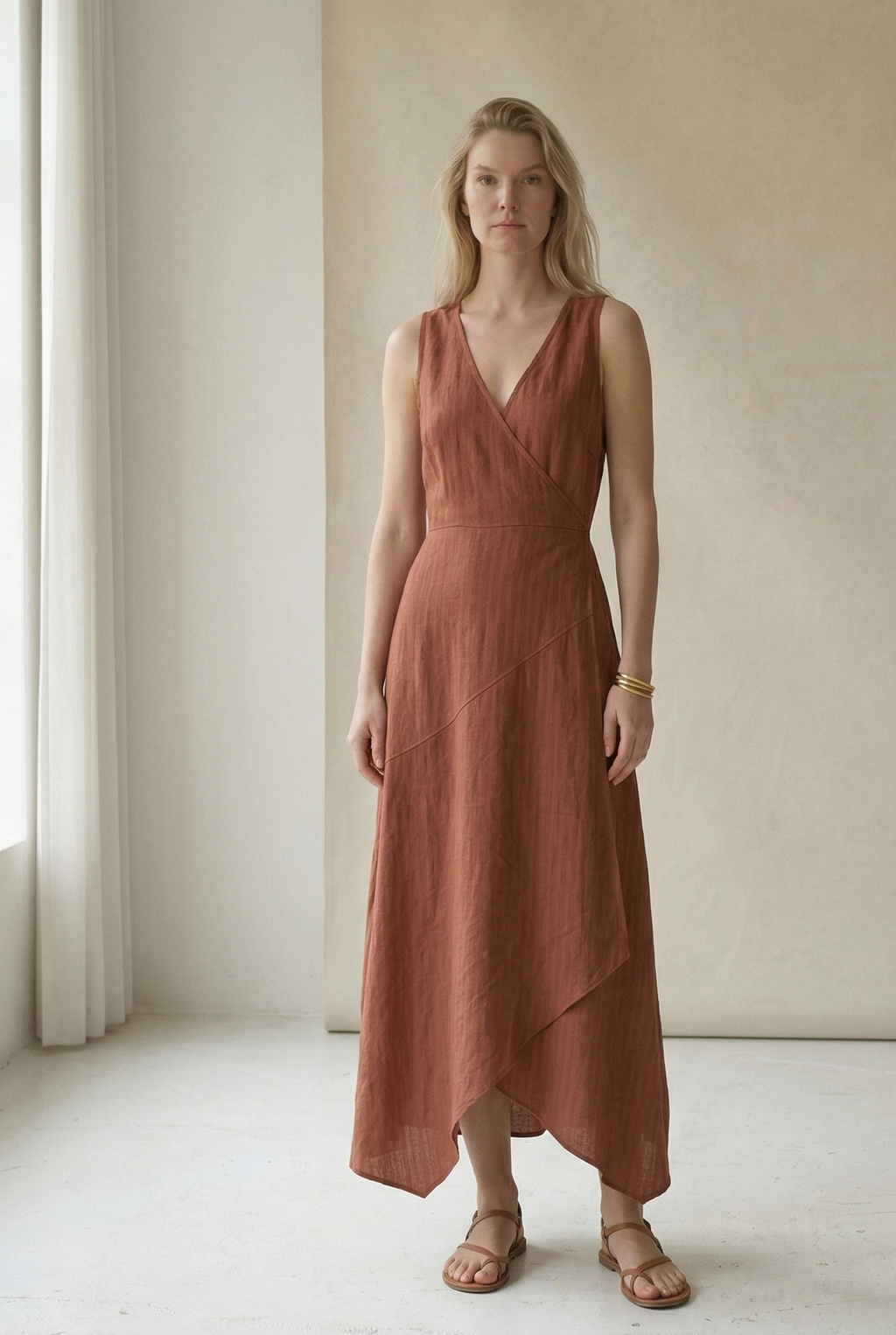 Rust Linen Wrap Midi Dress
