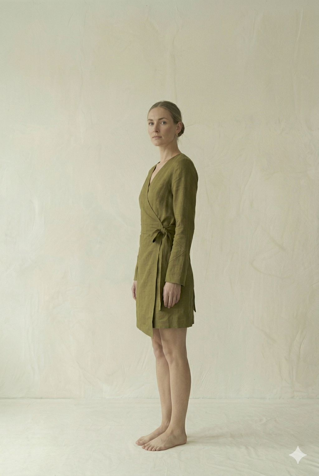Olive Green Linen Wrap Mini Dress