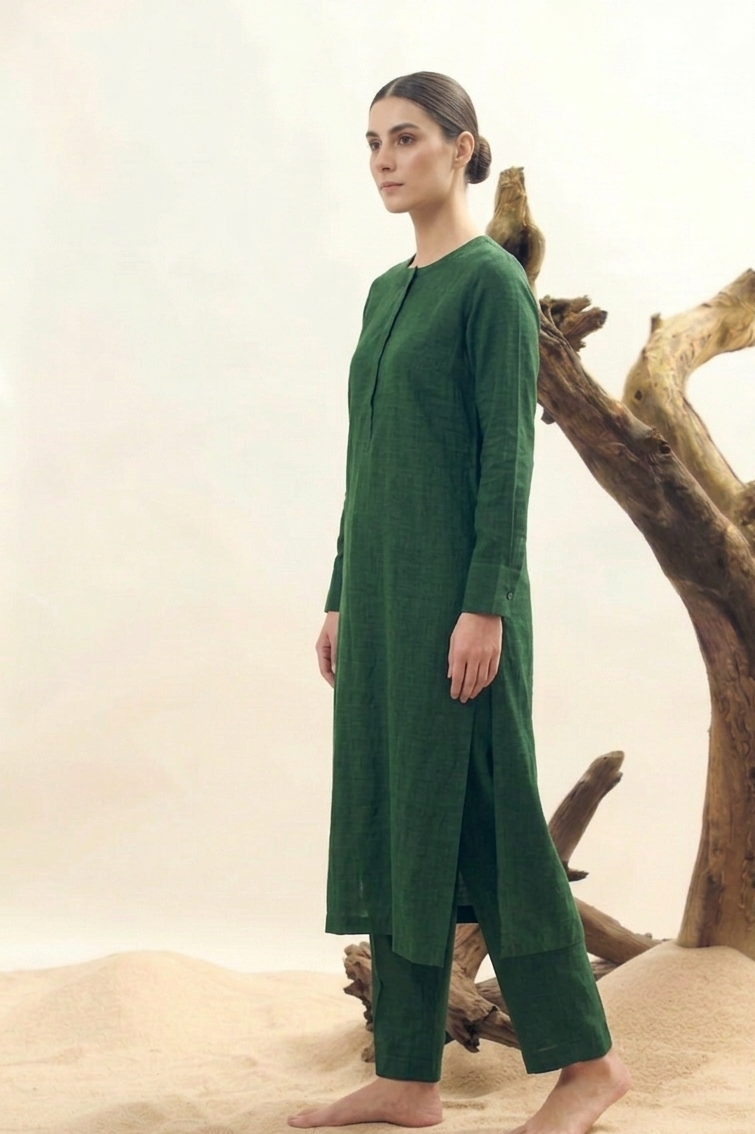 Forest Green Linen Kurta Set for Women