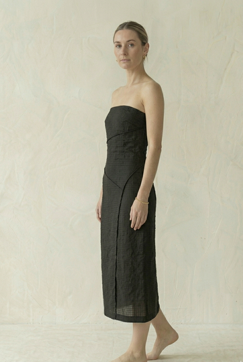 Black Linen Strapless Midi Dress