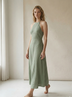 Sage Green Linen Halter Neck Midi Dress