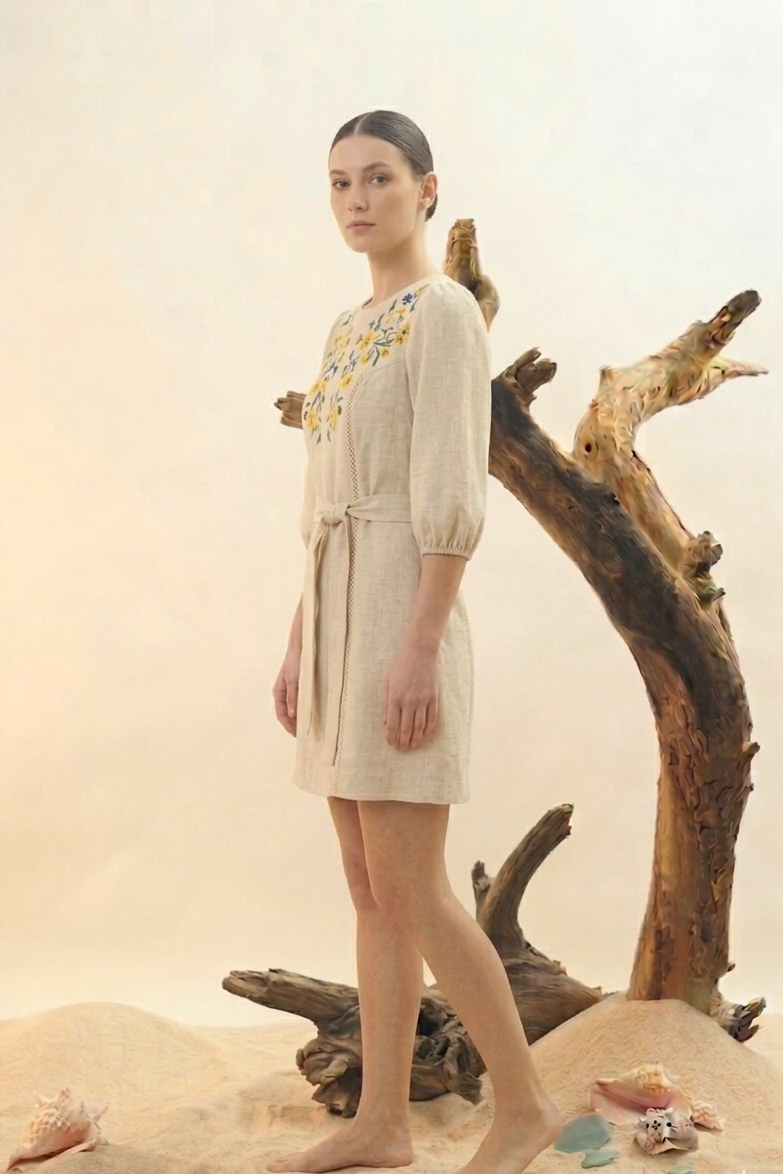 Natural Linen Embroidered Wrap Mini Dress