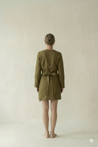 Olive Green Linen Wrap Mini Dress