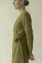 Olive Green Linen Wrap Mini Dress