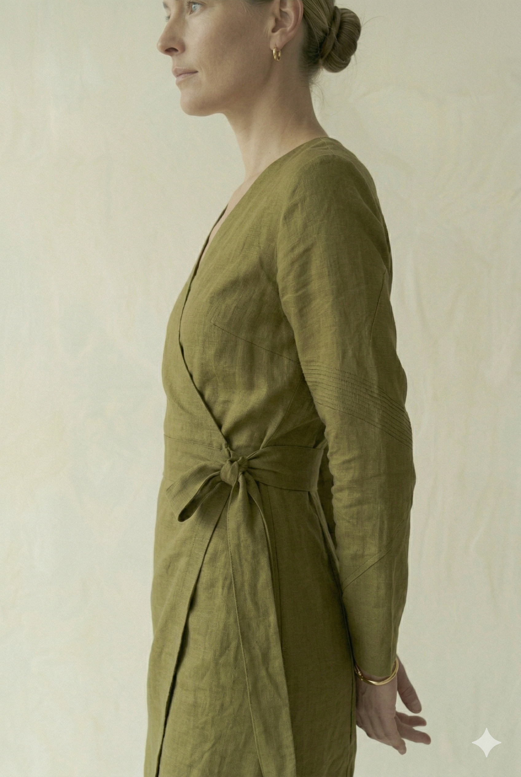 Olive Green Linen Wrap Mini Dress