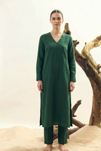 Forest Green Linen Kurta Set for Women