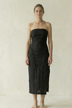 Black Linen Strapless Midi Dress