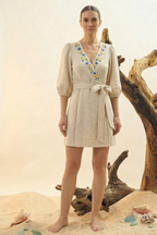 Natural Linen Embroidered Wrap Mini Dress