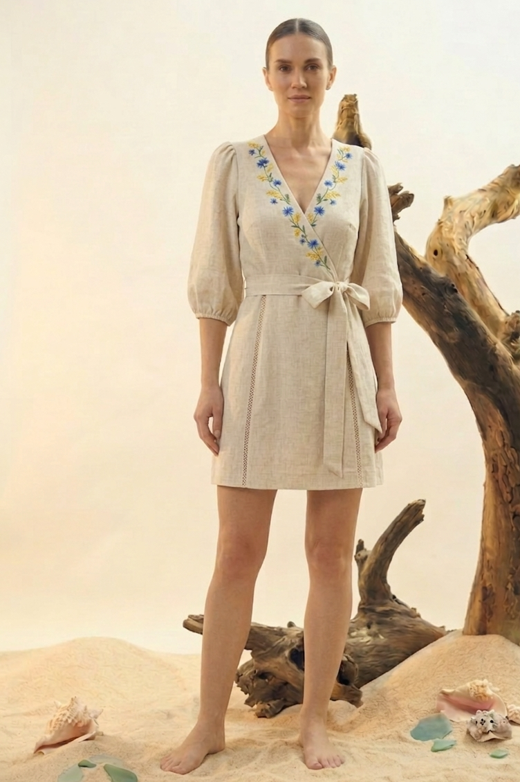 Natural Linen Embroidered Wrap Mini Dress