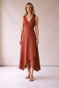 Rust Linen Wrap Midi Dress