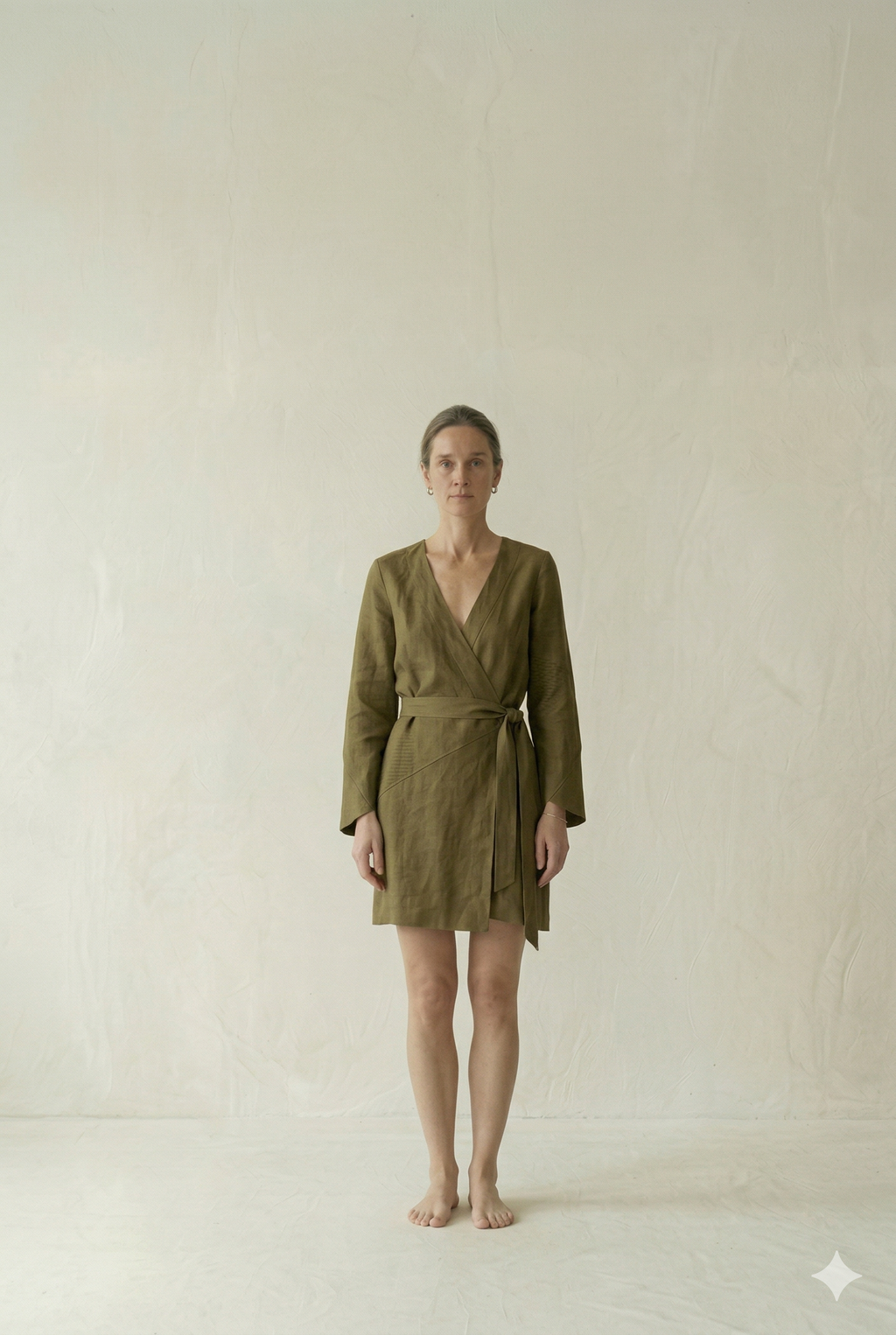 Olive Green Linen Wrap Mini Dress