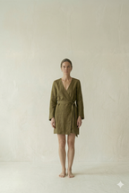Olive Green Linen Wrap Mini Dress