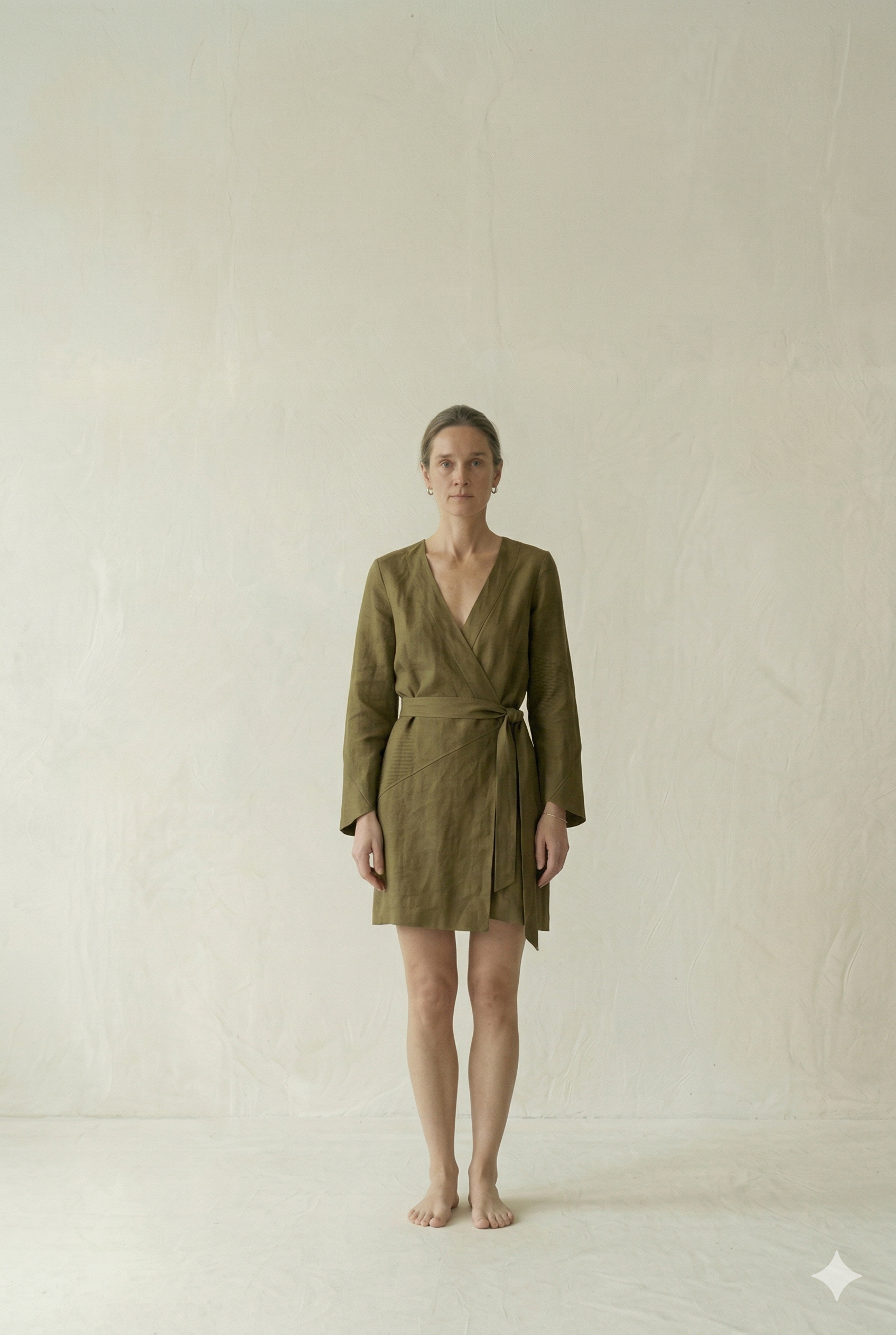 Olive Green Linen Wrap Mini Dress