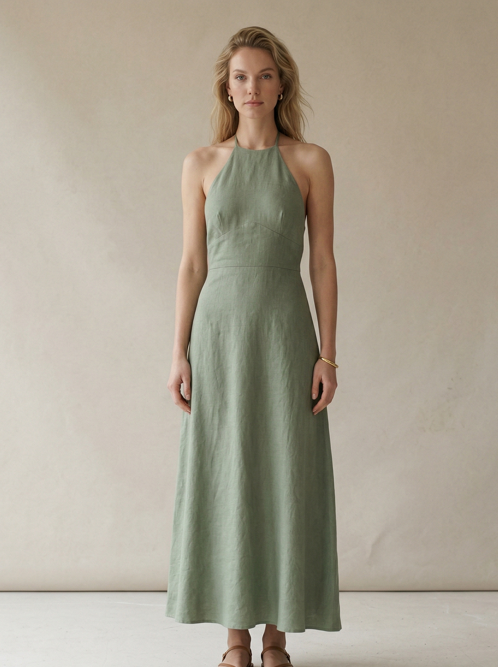Sage Green Linen Halter Neck Midi Dress