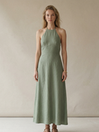 Sage Green Linen Halter Neck Midi Dress