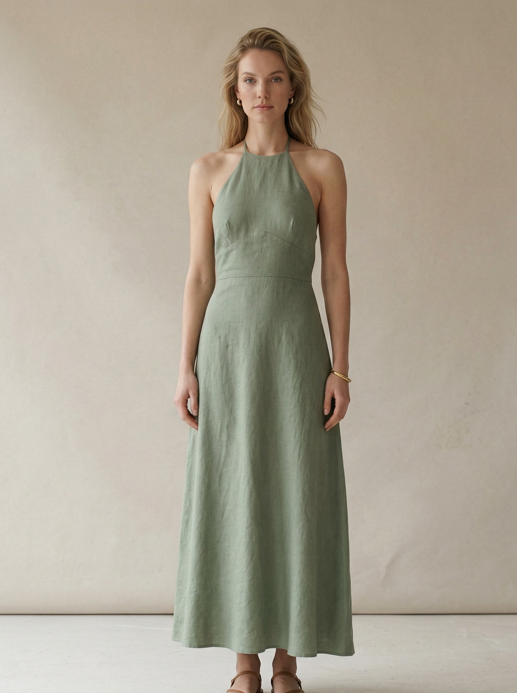 Sage Green Linen Halter Neck Midi Dress