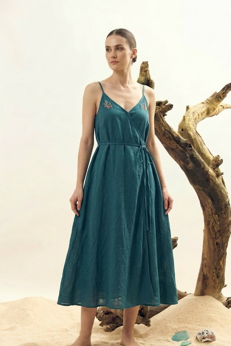 Teal Linen Wrap Dress