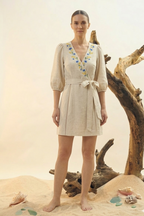Natural Linen Embroidered Wrap Mini Dress