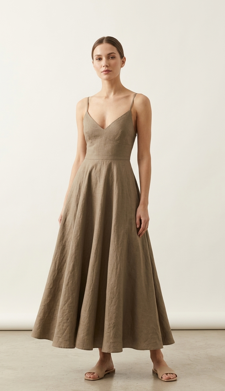 Taupe Brown Linen Maxi Dress for Women