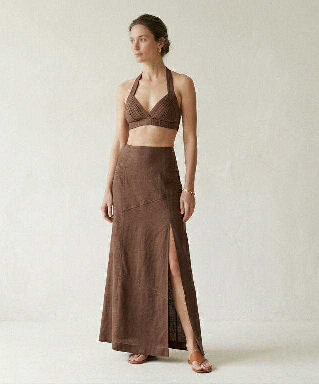 Chocolate Brown Linen Halter Co-ord