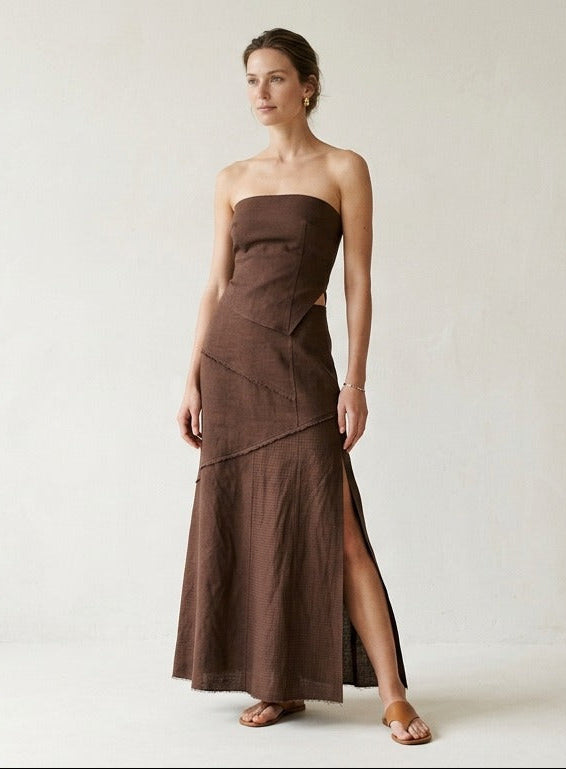 Chocolate Brown Linen Strapless Midi Dress