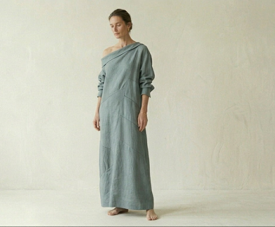 Steel Blue Linen One Shoulder Maxi Dress
