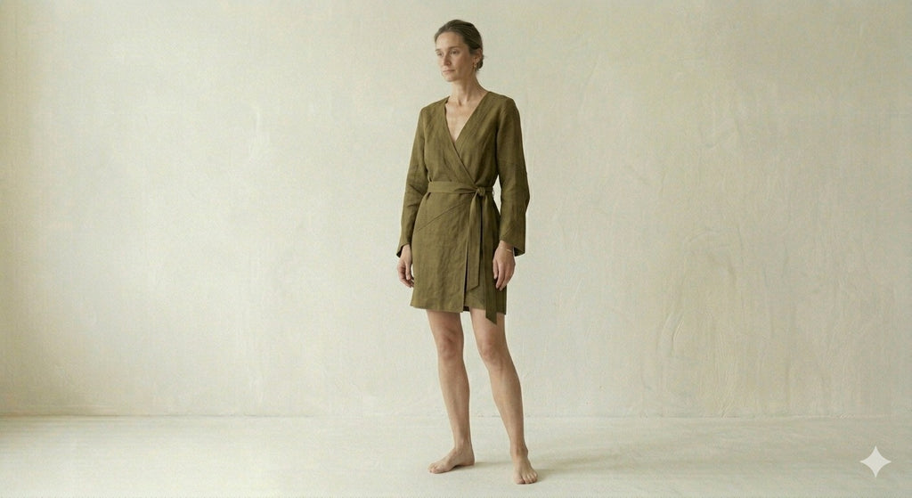 Olive Green Linen Wrap Mini Dress