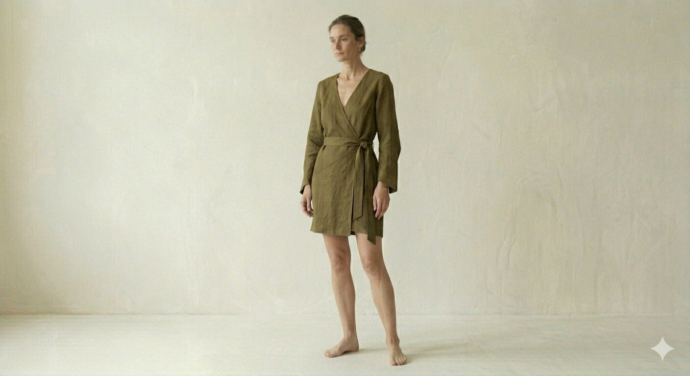 Olive Green Linen Wrap Mini Dress