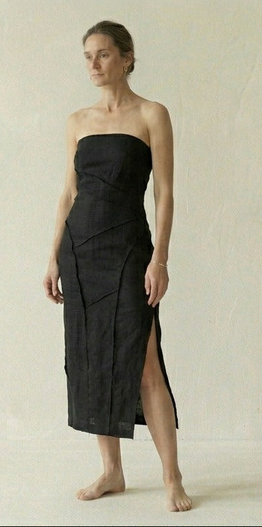 Black Linen Strapless Midi Dress
