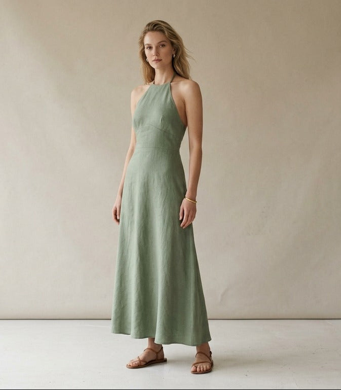 Sage Green Linen Halter Neck Midi Dress