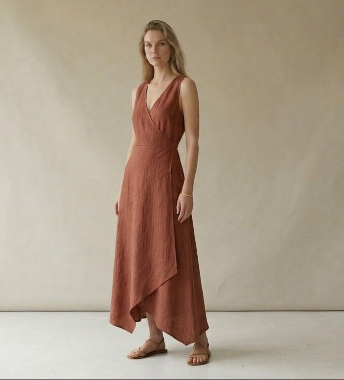 Rust Linen Wrap Midi Dress