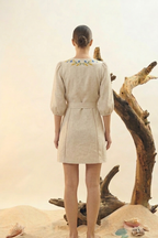 Natural Linen Embroidered Wrap Mini Dress