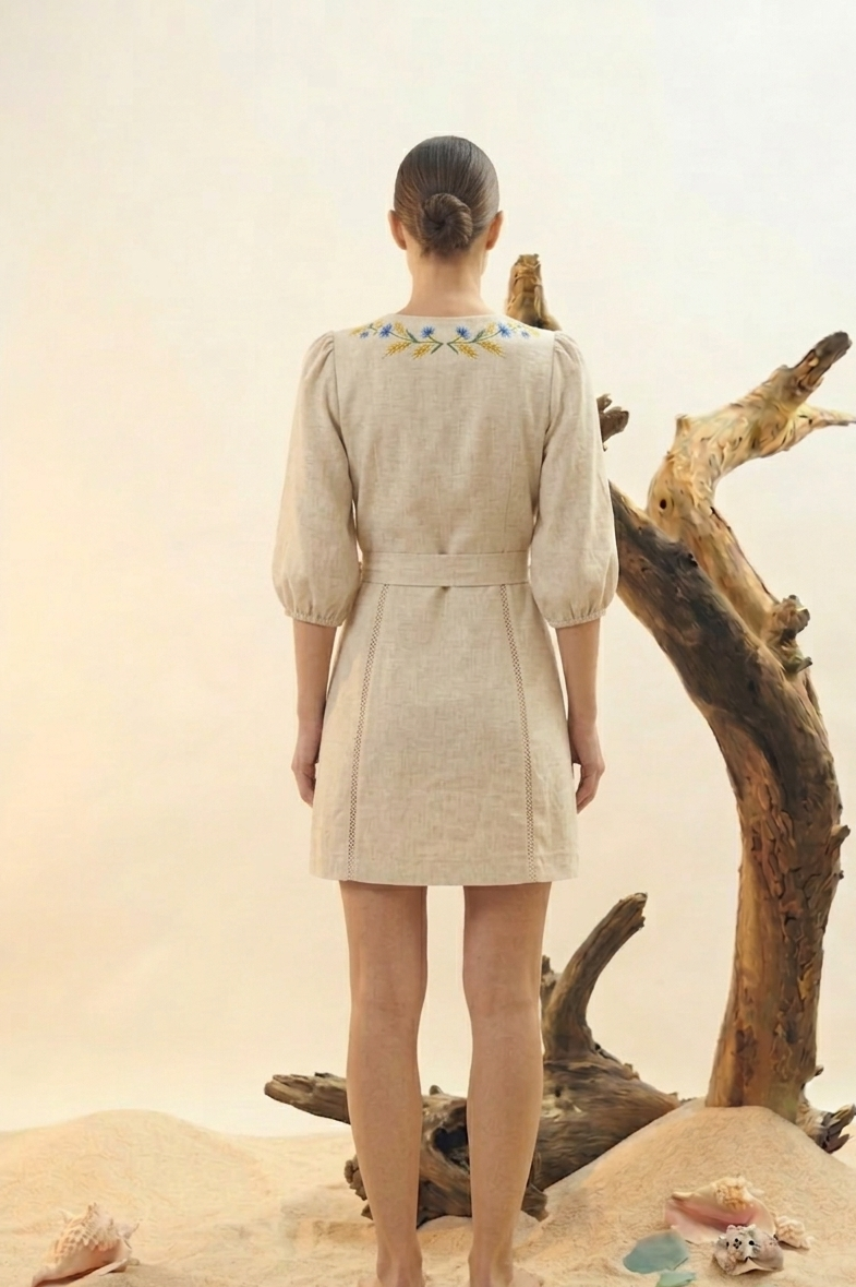 Natural Linen Embroidered Wrap Mini Dress