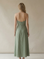 Sage Green Linen Halter Neck Midi Dress