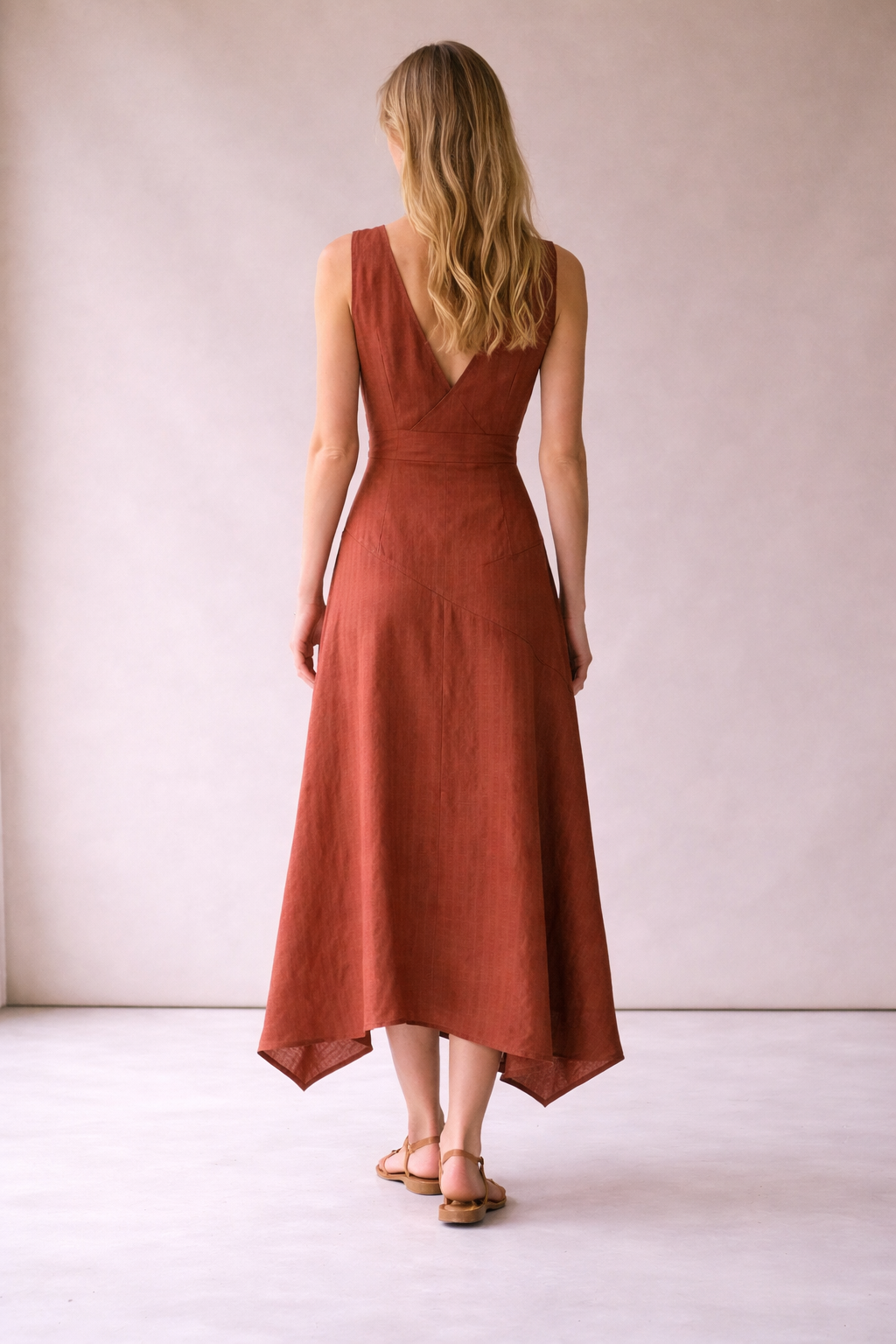 Rust Linen Wrap Midi Dress