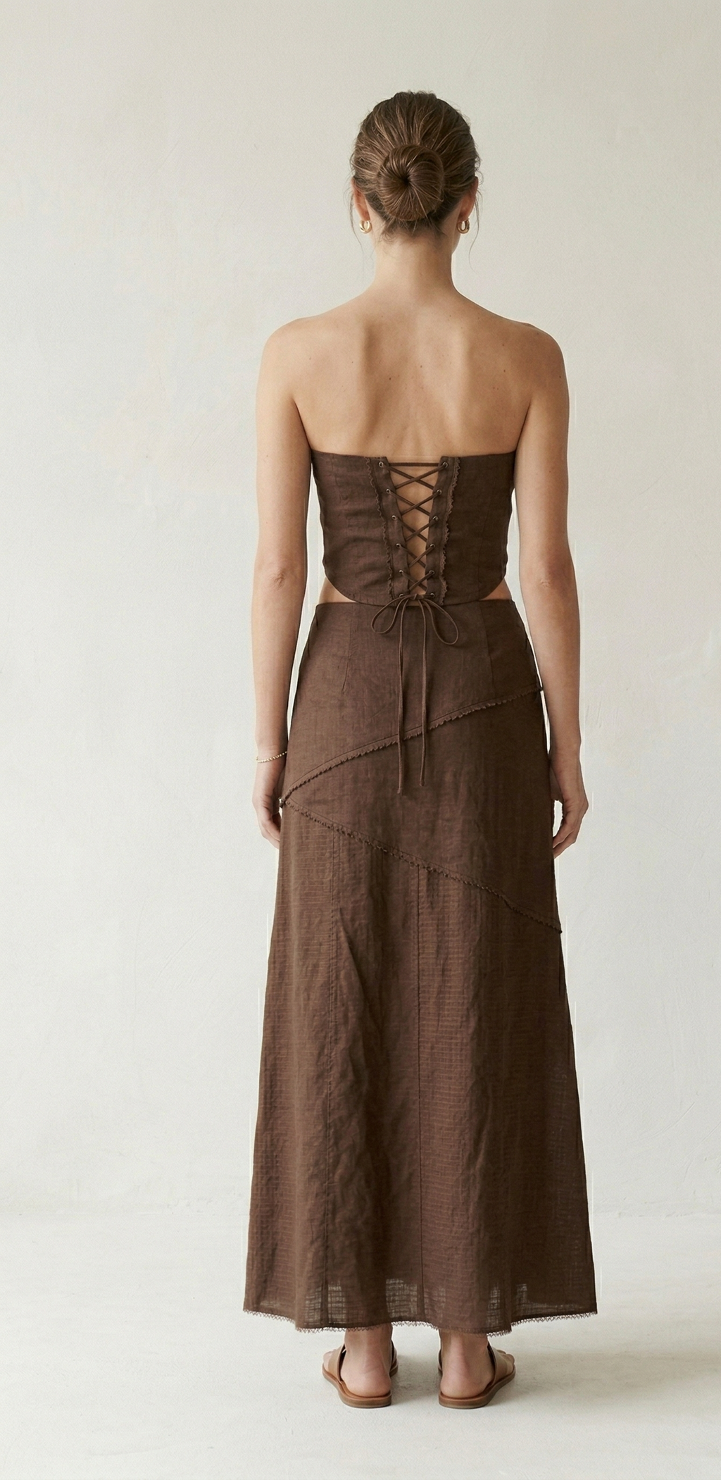 Chocolate Brown Linen Strapless Midi Dress