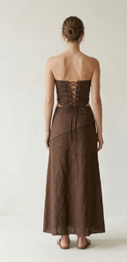 Chocolate Brown Linen Strapless Midi Dress