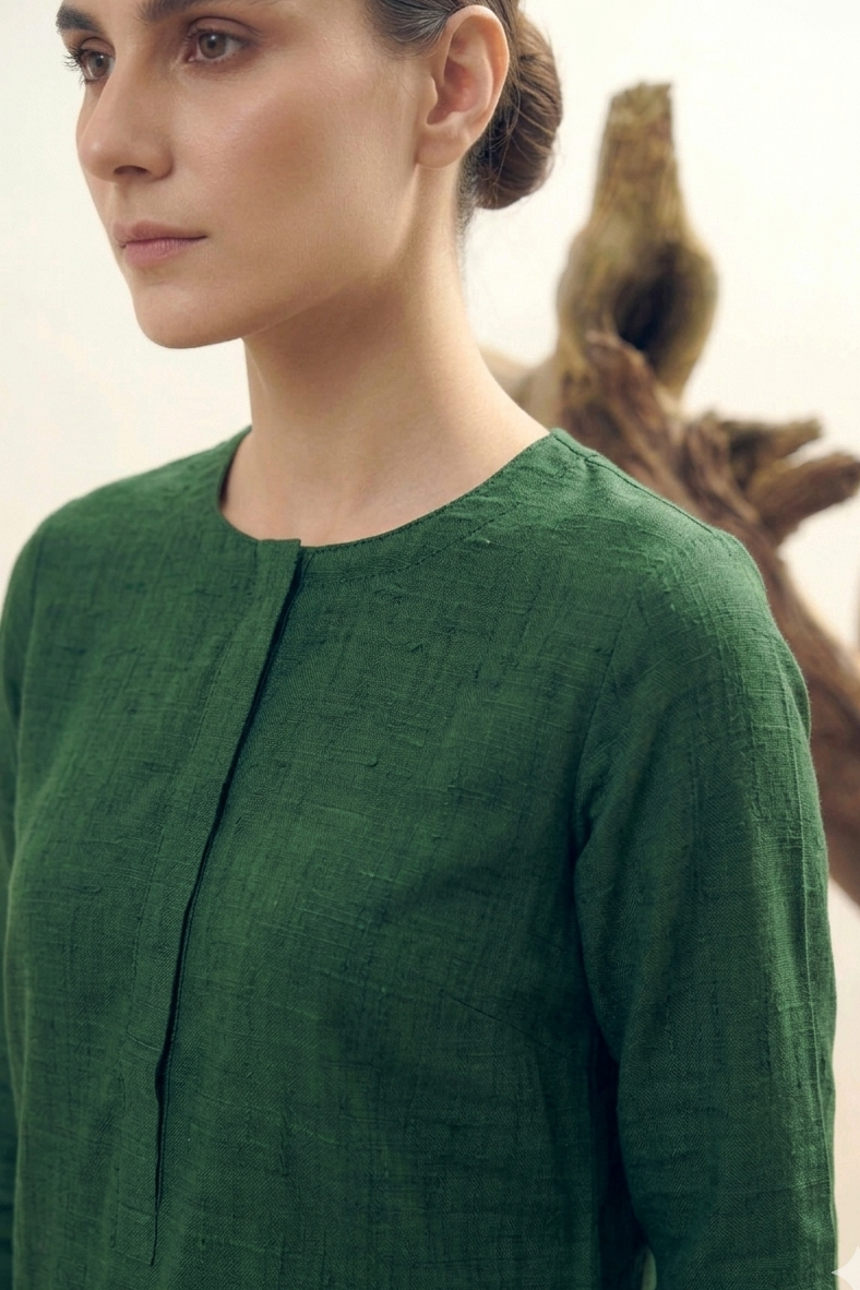 Forest Green Linen Kurta Set for Women