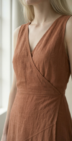 Rust Linen Wrap Midi Dress