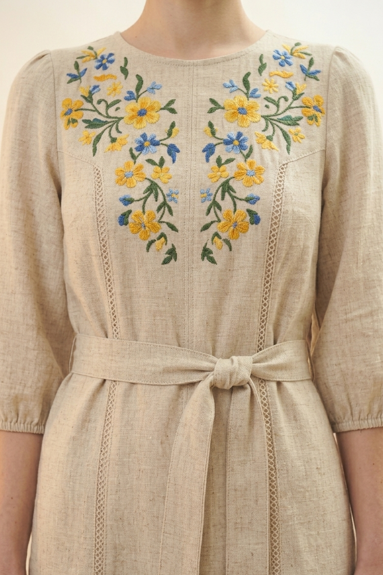Natural Linen Embroidered Wrap Mini Dress
