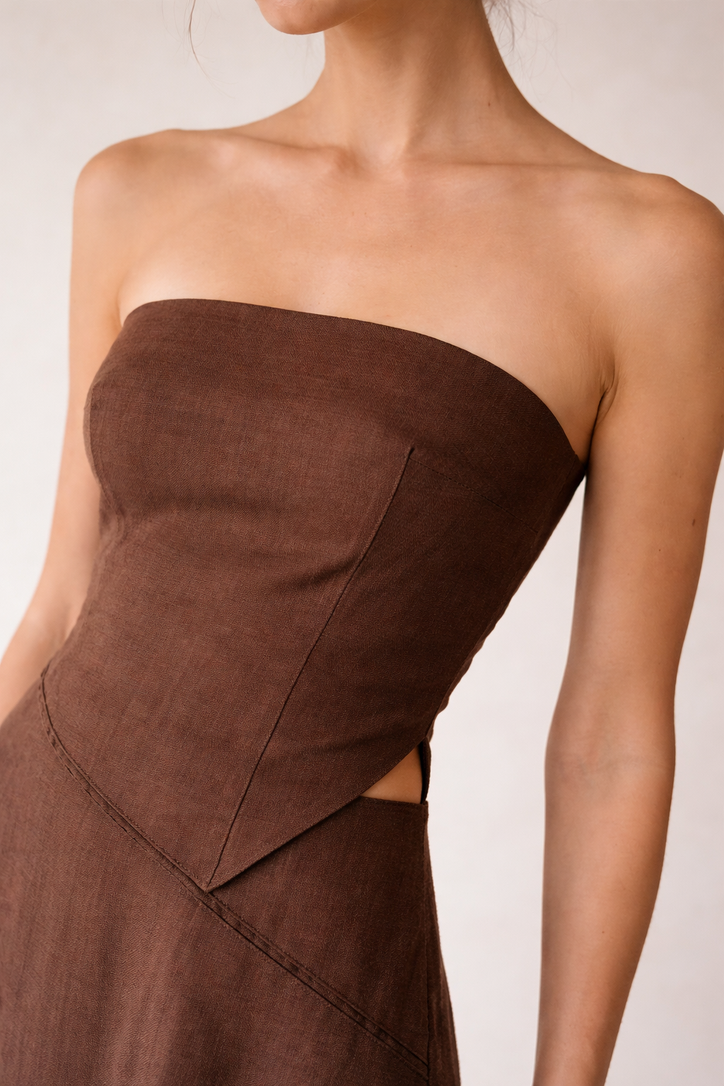 Chocolate Brown Linen Strapless Midi Dress