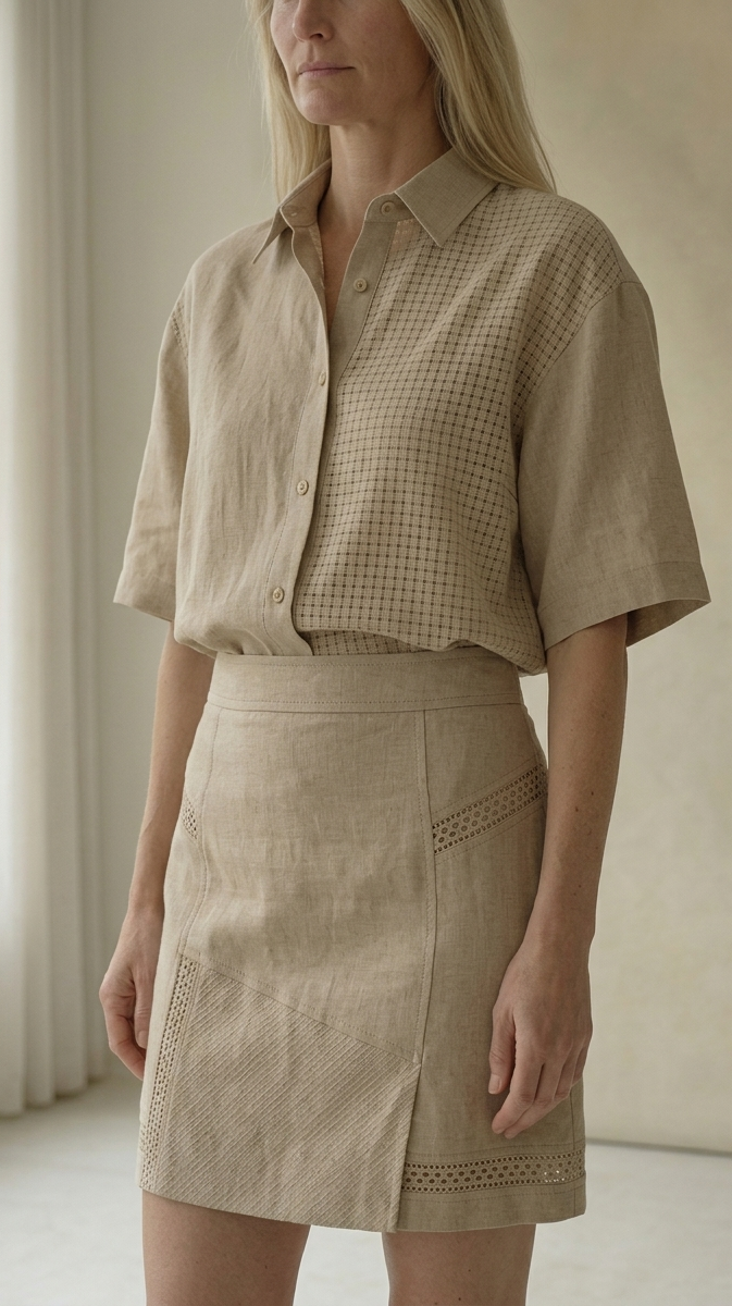 Beige Linen Shirt & Mini Skirt Set