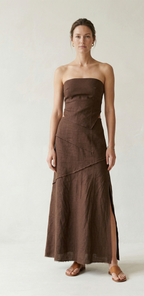 Chocolate Brown Linen Strapless Midi Dress
