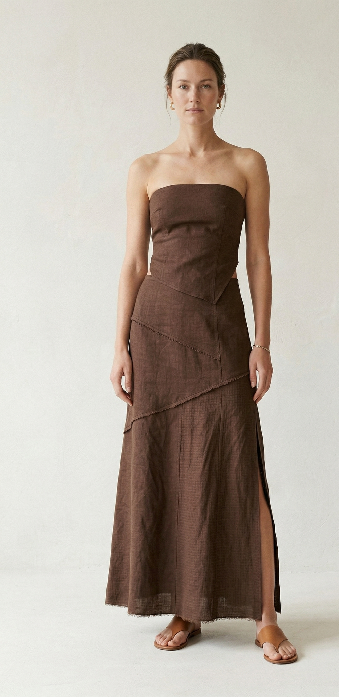 Chocolate Brown Linen Strapless Midi Dress