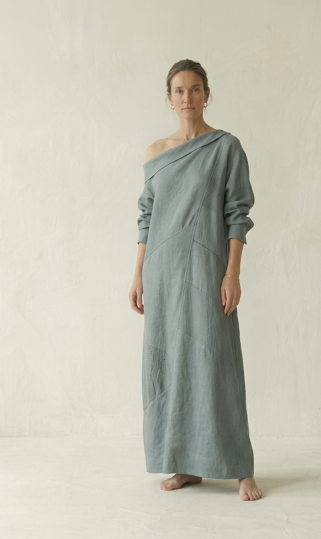 Steel Blue Linen One Shoulder Maxi Dress