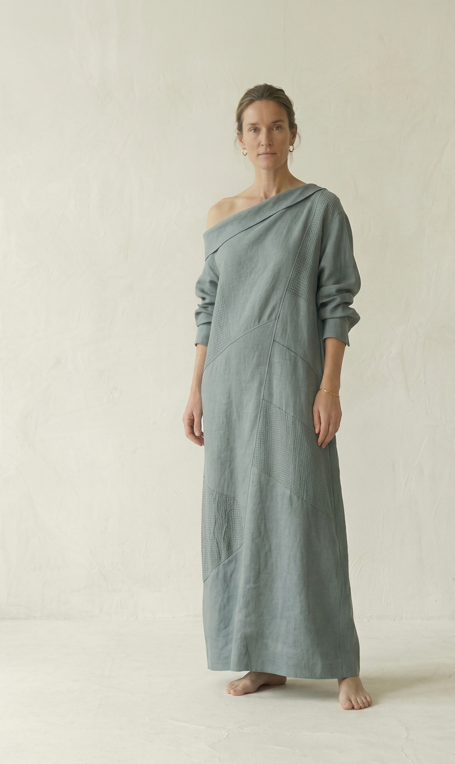 Steel Blue Linen One Shoulder Maxi Dress