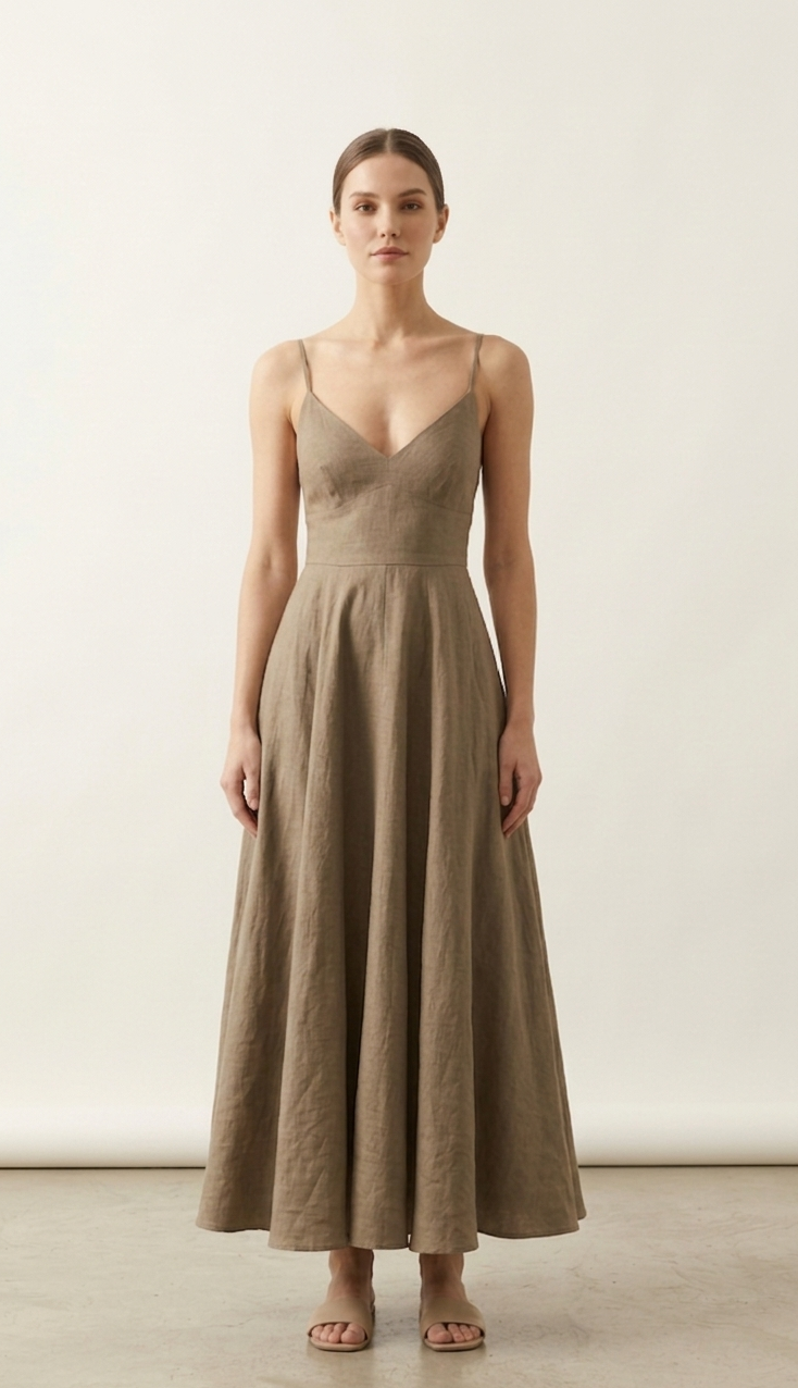 Taupe Brown Linen Maxi Dress for Women