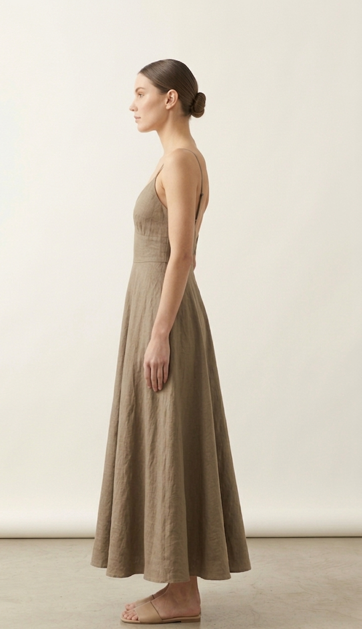 Taupe Brown Linen Maxi Dress for Women