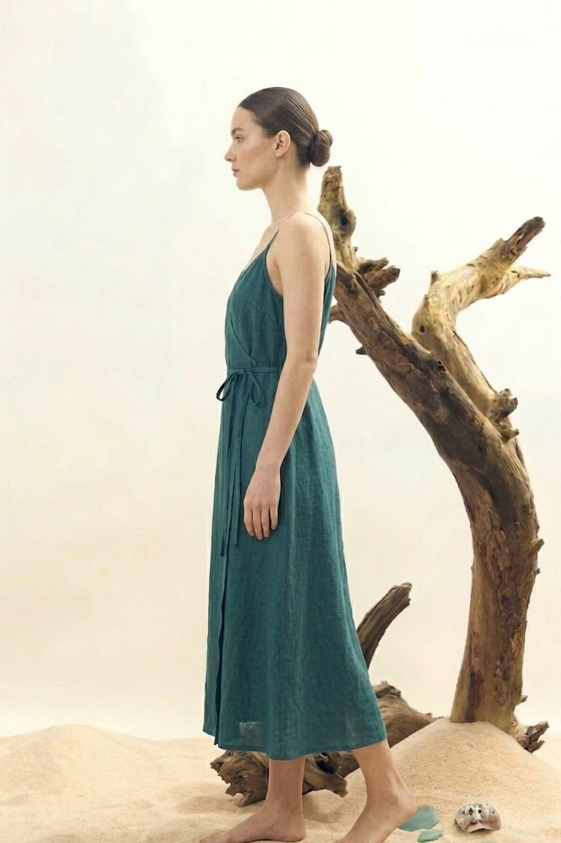 Teal Linen Wrap Dress